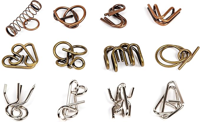 Ancient Metals 12-Piece Metal Puzzle Set – Brain Teaser Disentanglement Puzzles for Adults & Teens, Logic Game Gift for Men, Stress Relief Desk Toys, Unique Metal Mind Challenges