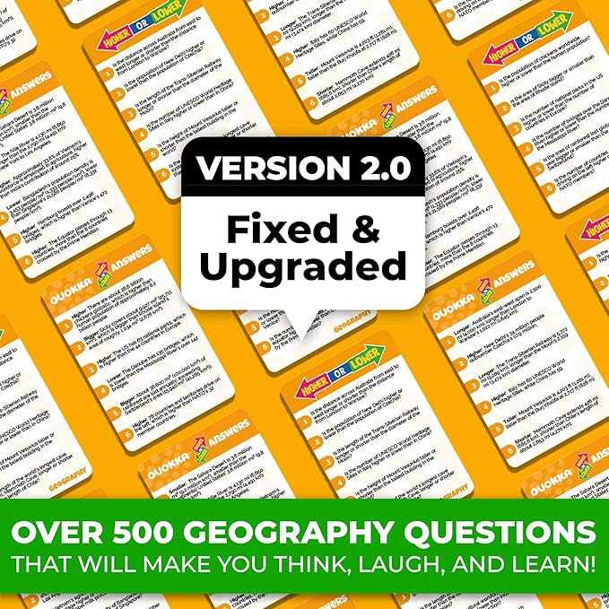 QUOKKA Trivia Board Games for Kids and Adults - Version V2.0 - Family Night Geography Games 4xSet Higher or Lower Trivia Cards | Guess Fun Questions | 2 + Players - Challenge Your Geography Knowledge