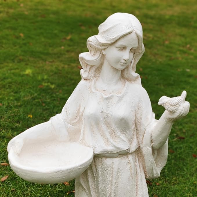 Garden Outdoor Nymph Statue Girl Maid Statue 40 Inch with Birdbath Bird Bath Bowl Magnesium Oxide Sculpture Patio Yard Lawn Decor Ivory