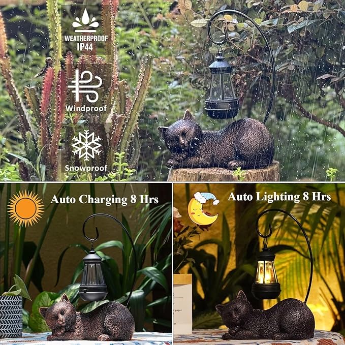 Cat Statue with Light Lantern Outdoor Garden Decor, Sleeping Cat Figurine with Solar-Powered LED Light, 13 Inches Tall Antique Bronze, Perfect for Gift Garden Decor or Housewarming for Cat Lovers