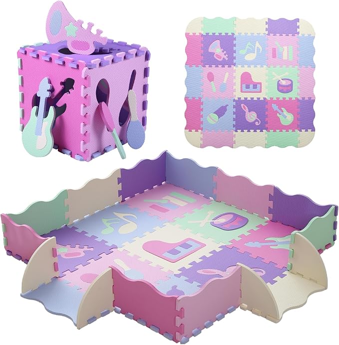 Foam Play Mat for Kids，25Pcs Square Interlocking Puzzle Floor Mat，Baby Play Mat Floor Mat Foam Puzzle Playmat for Toddlers with Fence（Musical Instrument-CSH016