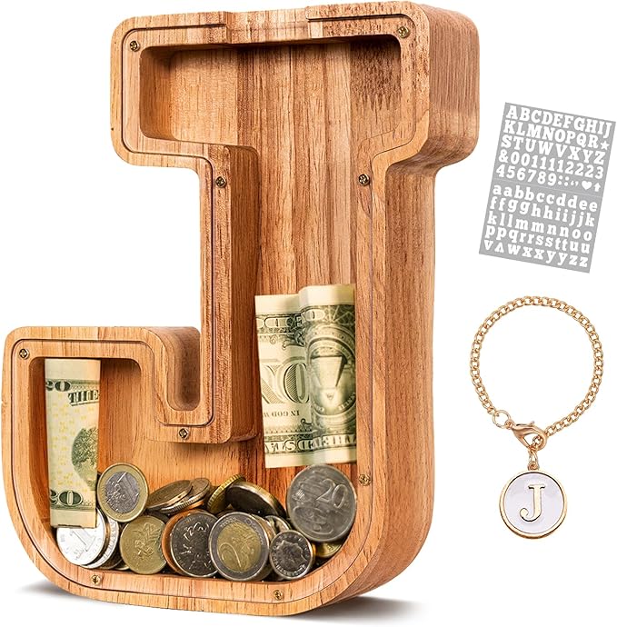 KMC Wooden Letter Piggy Bank, Personalized Initial Piggy Bank for Kids Boys, Clear Alphabet J Wood Money Box, Unbreakable Coin Saving Jar, Birthday, for Children