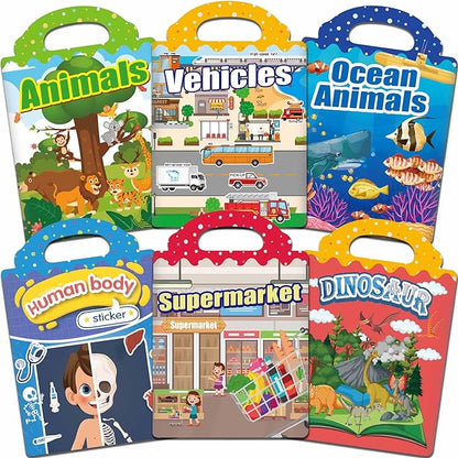6 Sets Reusable Sticker Books for Toddlers, Jelly Sticker Books for Toddlers, Toddler Travel Toys for Kids 3 4 5 Year Old Girls Boys