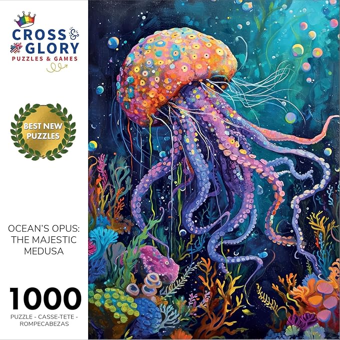 Cross & Glory - Ocean's Opus: The Majestic Medusa - 1000 Piece Jigsaw Puzzle for Adults | Firework Jellyfish | Vibrant Undersea Scene | Top Selling Challenging Puzzle