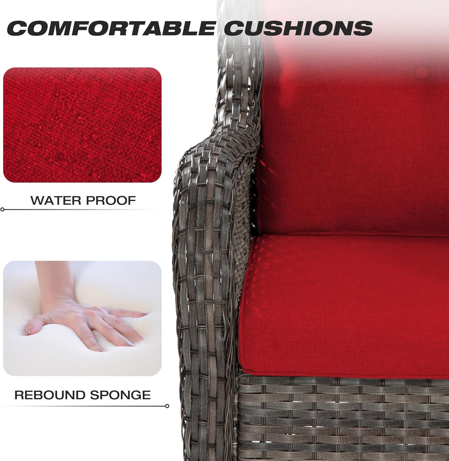 Joyside Outdoor Swivel Rocker Patio Chair and Matching Side Table - 2-Piece Wicker Patio Bistro Set with Premium Fabric Cushions (Brown Mixed with Grey/Red)