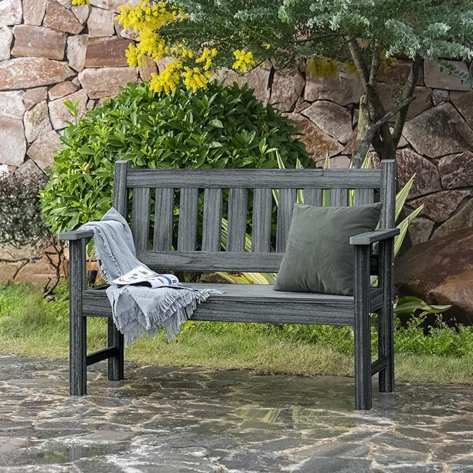 Outdoor Bench, 2-Person Garden Bench, Poly Lumber Patio Bench for Outdoors, Porch, and Park (Dark Grey)