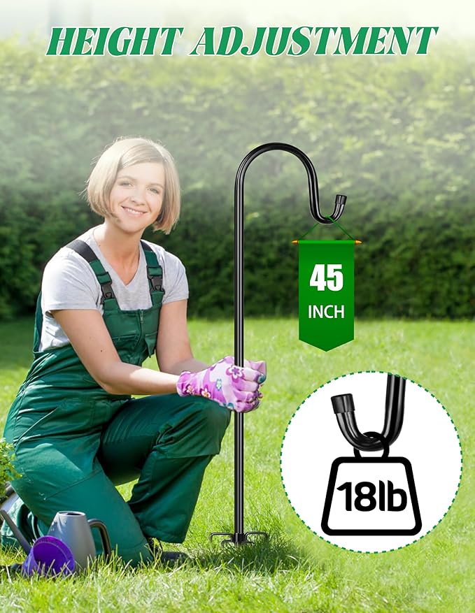 XDW-GIFTS Bird Feeder Pole for Outdoor, 45 Inch Shepherds Hooks Heavy Duty Garden Pole for Hanging Plant Basket, Solar Light Lanterns, Garden Plant Hanger Stands with 5 Base Prongs