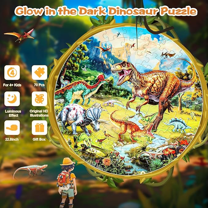 Glow-in-The-Dark Dinosaur Floor Puzzles for Kids Ages 4-6, Kids Jigsaw Puzzles Ages 6-8, 70PCS Large Round Dino Educational Puzzle Toys Gifts for 3 4 5 6 7 8 Years Old Boys Girls Children
