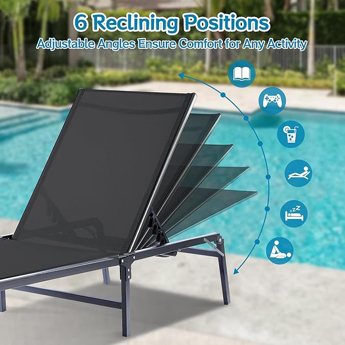 Outdoor Chaise Lounge Chair, Foldable & Assemble-Free, 6 Adjustable Positions, Durable Rust-Resistant Frame, Portable Outdoor Pool Lounge Chairs for Pool Patio Beach, Black