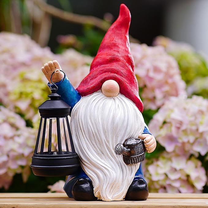 Solar Garden Gnome Christmas Gnome Outdoor Statues Garden Decor Resin Birthday Gifts for Women Mom Art for Yard Porch Patio Lawn Yard with Watering Can Lights Lantern