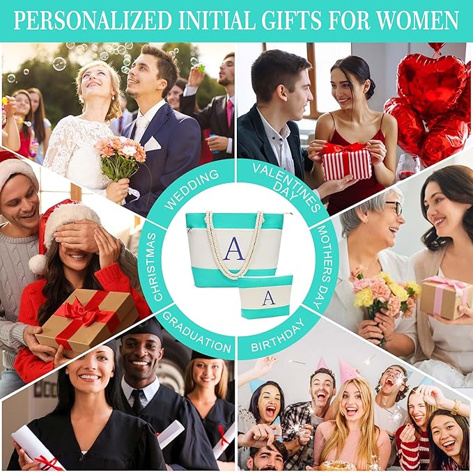 YOOLIFE Beach Bags for Women - Initial Tote Waterproof Bag with Makeup Bag, Mothers Day Gifts for Women Mom Friend Birthday