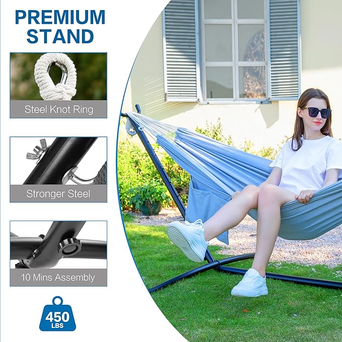 PNAEUT Double Hammocks with Stand for Outside, Portable Space Saving Heavy-Duty Steel Stand for Indoor Outdoor Patio with Carrying Bag, 450 lbs Capacity (Gray)