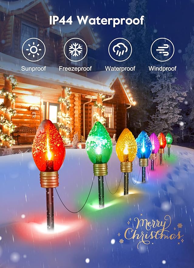Moonflor 4 Pack Jumbo C9 Christmas Pathway Lights Outdoor - Total 34FT 20 LED C9 Christmas Walkway Lights, Multicolor Christmas Decoration Outside, Giant Christmas Lights Outdoor for Lawn Holiday Yard
