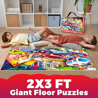 QUOKKA Giant Floor Puzzle for Kids Ages 4-6 – 2x3 Feet Extra-Thick 48 Pieces Toddler Puzzle Ages 3-5 – Firetrucks Educational Activity for Boys Girls – Premium Box with Sturdy Handle & Magnetic