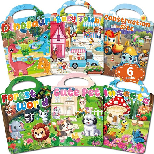 6 Set Reusable Sticker Books for Toddlers 3-5, Kids 3D Puffy Stickers (Dinosaurs, Forest, Town, Pets, Construction, Insects), Sticker Activity Books