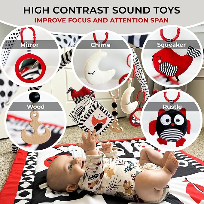 QUOKKA Padded Baby Gym Mat for Floor Tummy Time - High Contrast Baby Kick and Play Gym Mat - 6 Toys | Thick Pad | Machine Washable | Black White Red Colors for Vision Development