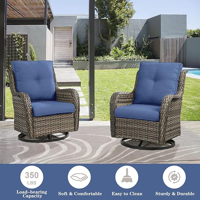 Outdoor Swivel Rcoker Patio Chairs - Outdoor Swivel Patio Chairs Set of 2 Wicker Chair Patio Furniture Sets with Covered Cushion for Porch Deck Balcony Garden, Blue
