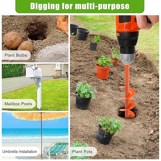 Auger Drill Bit for Planting 4 x 24'', Threaded Garden Auger Post Hole Digger, Spiral Drill Earth Dirt Soil Augers for Bulb, Tulip, Tree, Fence Post and Umbrella Holes, Fits in 3/8” Drill Chuck