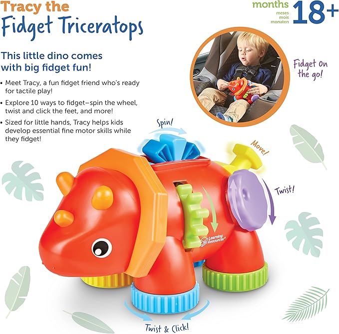 Learning Resources Tracy the Fidget Triceratops, Baby Toys, Sensory Toys For Toddlers, Fine Motor toys, Montessori Toys,1 Piece, Ages 18 Months+