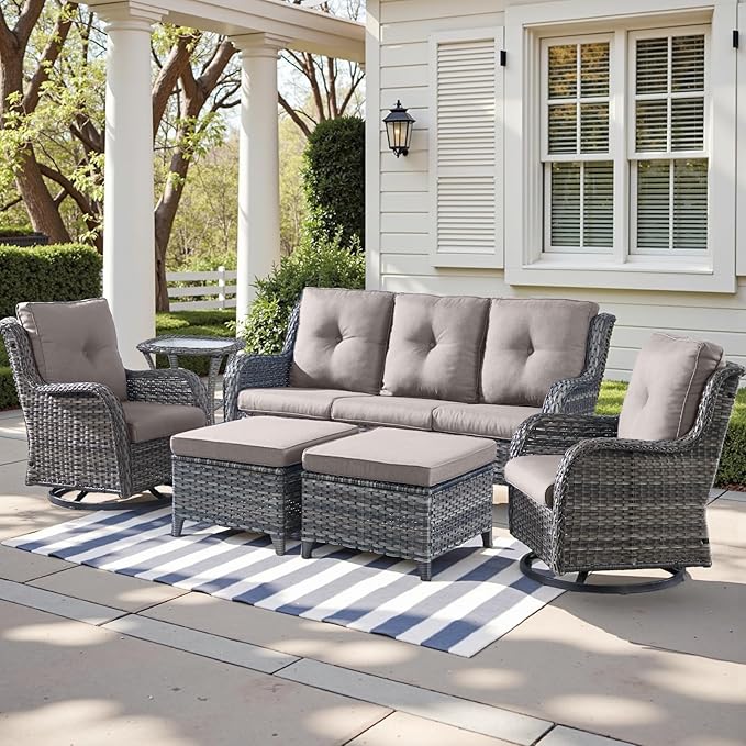 Outdoor Wicker Patio Furniture Set - 6 Piece Rattan Patio Conversation Set with 2 Rocking Swivel Chairs,2 Ottomans,1 Sofa and 1 Side Table for Porch Deck Backyard Garden(Mixed Grey/Grey)
