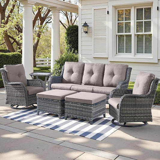Outdoor Wicker Patio Furniture Set - 6 Piece Rattan Patio Conversation Set with 2 Rocking Swivel Chairs,2 Ottomans,1 Sofa and 1 Side Table for Porch Deck Backyard Garden(Mixed Grey/Grey)
