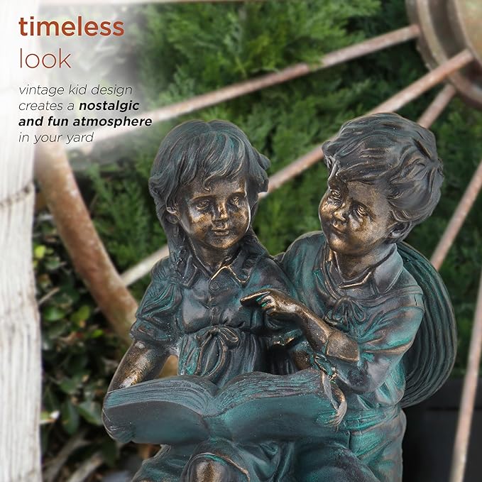 Alpine Corporation 15" Tall Indoor/Outdoor Girl and Boy Reading Together Statue Yard Art Decoration