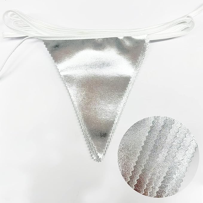 Silver Party Decorations Metallic Fabric Triangle Pennant Banner Silver Flag Bunting Garland for Graduation Birthday Wedding Bridal Shower Anniversary Engagement Bachelorette Party Decoration Supplies