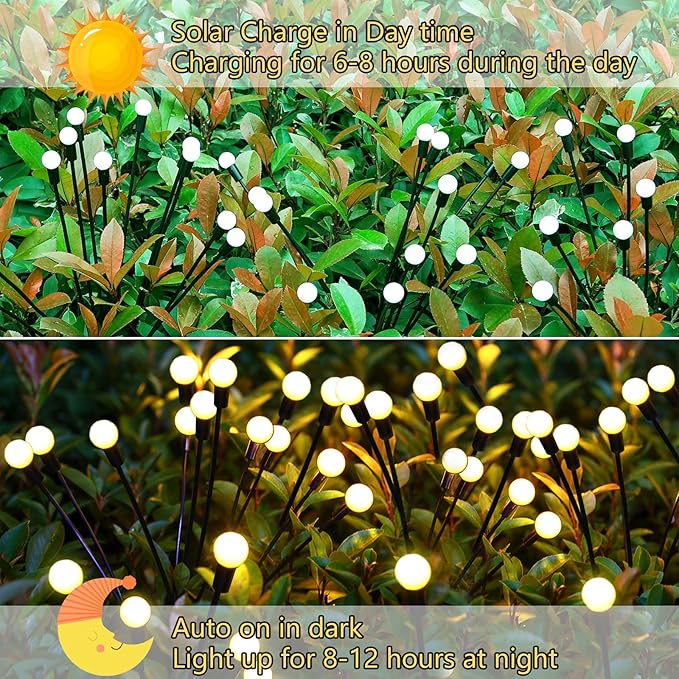 Solar Firefly Lights Outdoor, 8 Pack 96 LED Waterproof, Sway by Wind, Swaying Light for Yard Patio Backyard Garden Planter Flower Bed Pathway Outdoor Decoration (Warm White)