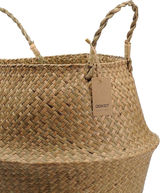Large Seagrass Plant Basket with Handles, Wicker Woven Storage Basket (14.1“ Diameter x 13.8" Height), Natural)