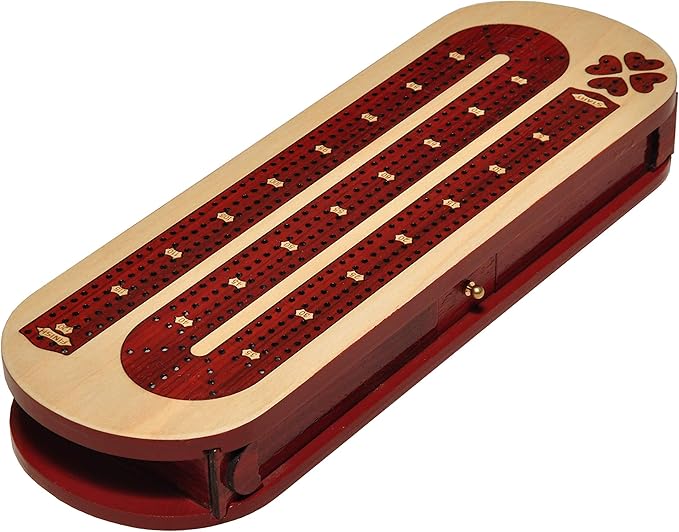 Palm Royal Handicrafts 4 Track Continuous Wooden Cribbage Board Inlaid in Blood Wood and Maple Storage Available