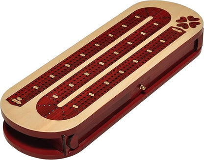 Palm Royal Handicrafts 4 Track Continuous Wooden Cribbage Board Inlaid in Blood Wood and Maple Storage Available