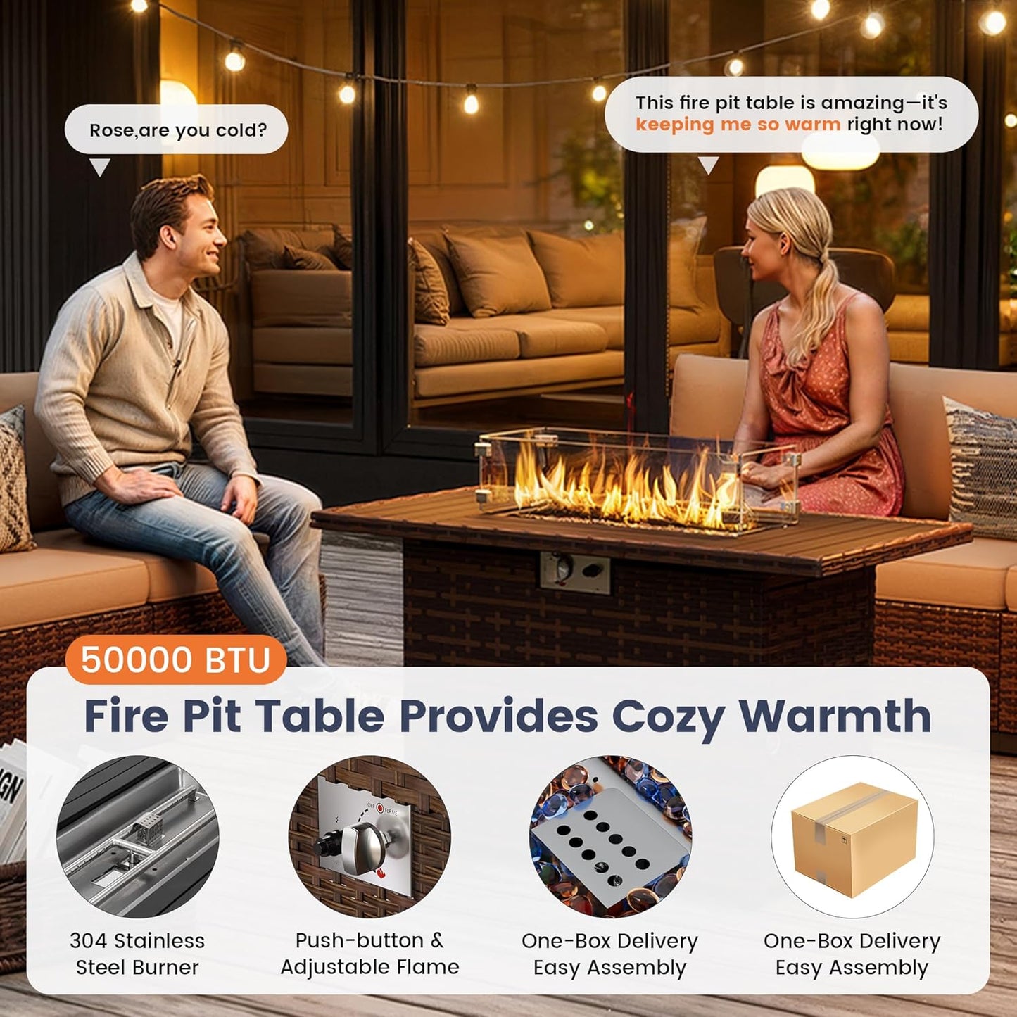 UDPATIO Patio Furniture Set with Fire Pit Table, 8 Inch Armrest Outdoor Sectional Sofa, 7 Piece Wicker Outdoor Furniture Conversation Sets with Waterproof Cover for Backyard Deck(Brown/Khaki)