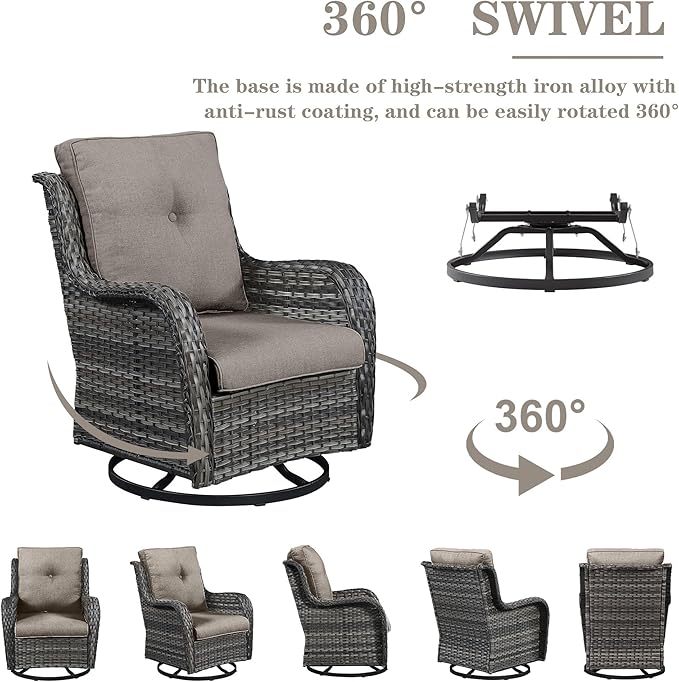 Wicker Outdoor Furniture Patio Furniture Set - 6 Piece Patio Conversation Set with Swivel Rocker Chairs, Rattan Sofa, Ottomans and Coffee Table, Gray Cushion