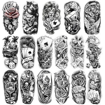 Casino Temporary Tattoos (77 Sheets), Fake Tattoo for Adults and Kids, Waterproof Fake Body Tattoo Stickers for Halloween, Parties, Cosplay, Casino Night - Realistic Poker/Dice/Skull/Chicano Designs