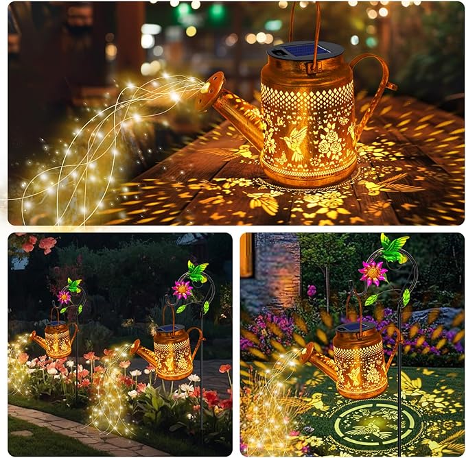 Solar Lanterns Outdoor Waterproof,Hummingbird Watering Can Garden Decor,Hanging Solar Path Lights Yard Art,Outside Patio Decorations Gardening Birthday Gifts for Mom Grandma Women with Shepherd Hook