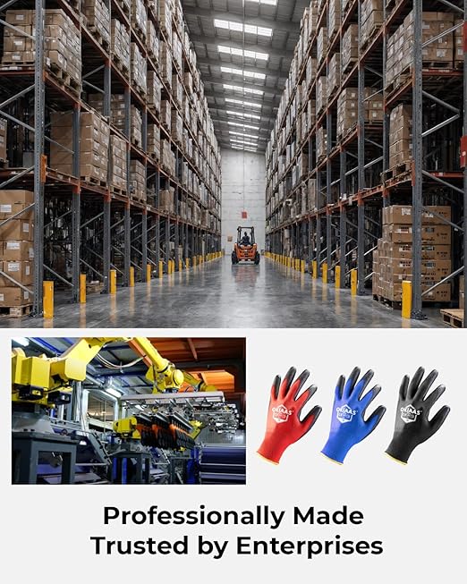OKIAAS Work Gloves for Men，Ultra Thin and Lightweight Working Gloves with Grip, Bulk Case of 60 Pairs Construction Gloves with Polyurethane Coating, Safety Gloves for Light Duty Work (Black, Medium)