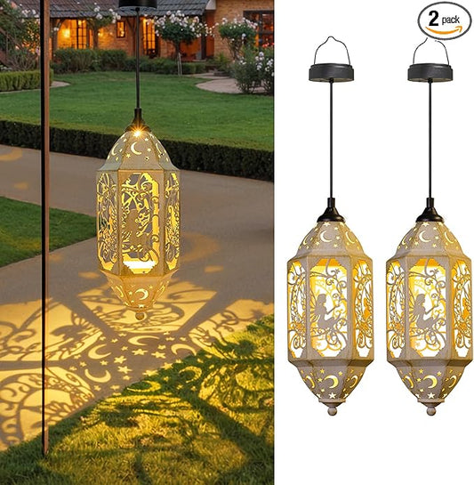 Outdoor Solar Lanterns Waterproof Fairy Moon Garden Gifts for Women Mom12.4‘’ Metal Garden Lanterns Hanging Light for Patio Backyard Decorations, Mothers Day Birthday Gifts (Gold White,2Pack)
