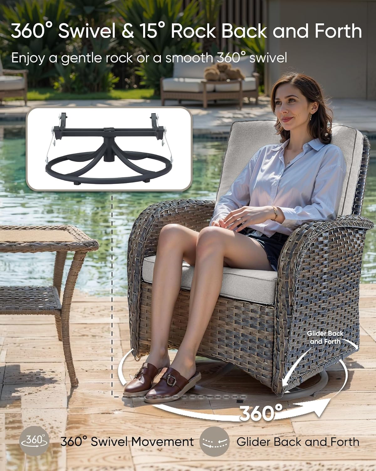 HUMMUH 5-Piece Patio Furniture Set with Fire Pit,Wicker Patio Glider Loveseat Outdoor Swivel Rocker Chairs for Backyard,Poolside,Deck