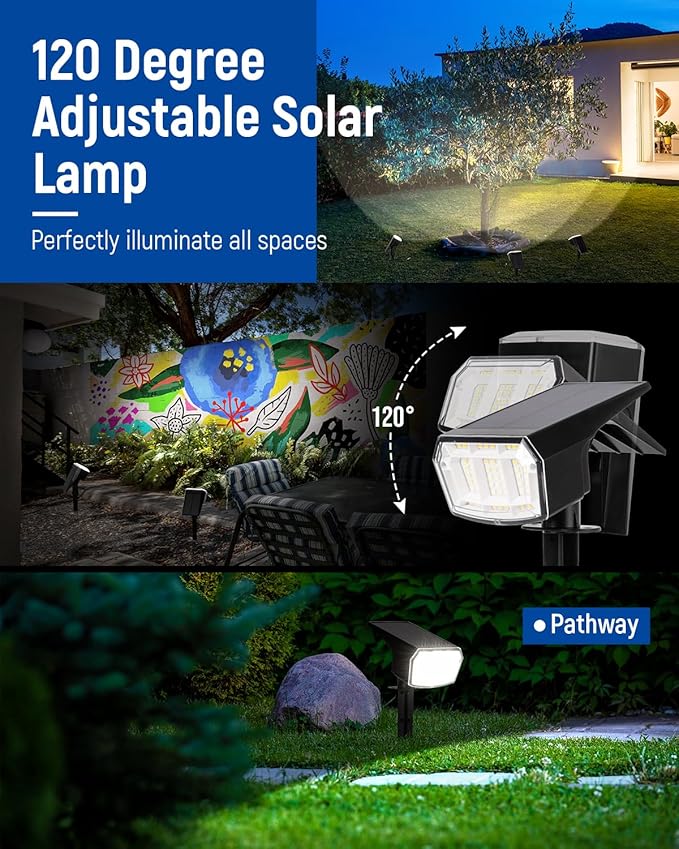 Solar Spot Lights Outdoor 63 LED 3 Lighting,Waterproof IP65 Modes Spotlights for Outside House Yard Garden Landscape Lights 2 Pack (Natural Light)