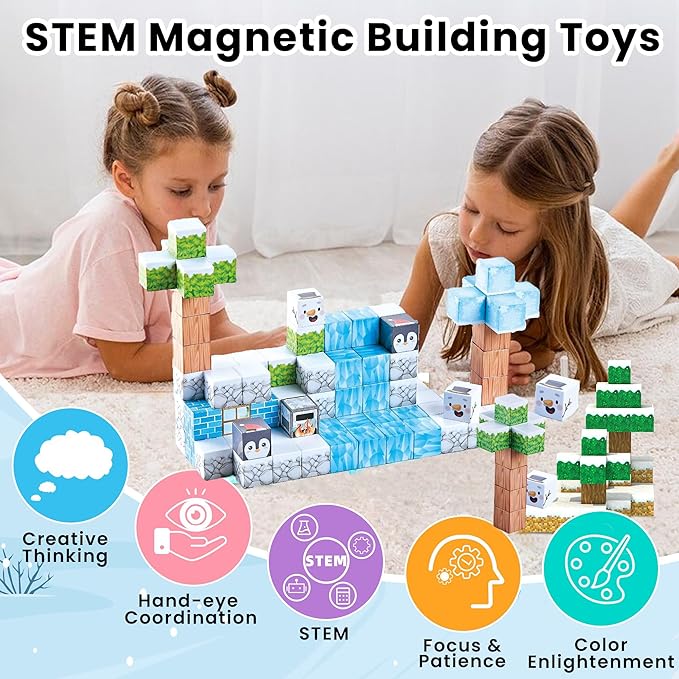 Magnetic Blocks Large Size 1-Inch 97 PCS – Winter Forest Theme Stacking Magnets STEM Learning Toys, Educational Construction Kit for Kids, Boys & Girls Age 3 4 5 6 7 8 9 10, Creative Magnet Cubes Set