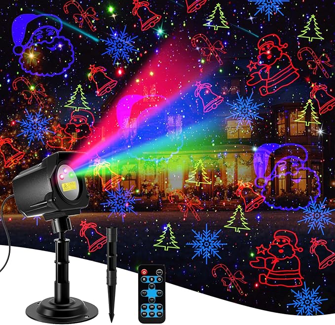 Laser Christmas Projector Lights Outdoor, 3 Color Laser Light Projector with Christmas Decorative Patterns, Waterproof, Indoor Holiday Decoration, Christmas Gift, Home Decor, Party, Garden (Black)