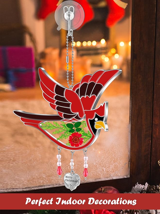 KY&BOSAM Cardinal Suncatcher Merry Christmas Hanging Ornament for Windows Sun Catchers with Pressed Real Flower in Glass and Heart Charm Birthday Gifts for Women Mom Grandma Nana Christmas Day Gifts