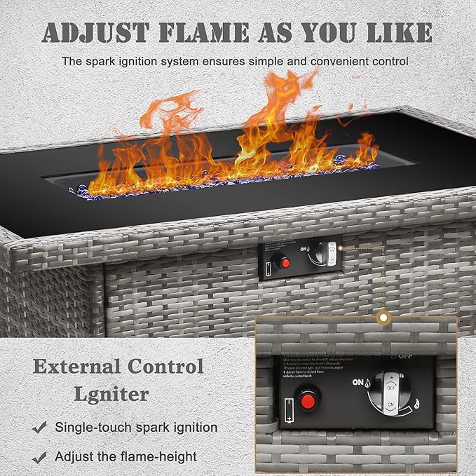 Propane Fire Pit Table,44 Inch 55000 BTU Outdoor Gas Fire Pit Rectangular with Glass Wind Guard for Outside Patio Deck (Gray-Glass Top)