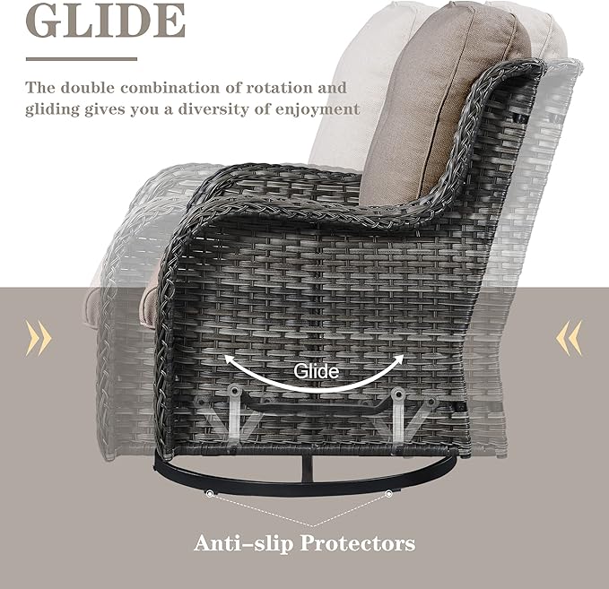 Outdoor Wicker Furniture Patio Set - 7 Piece Backyard Furniture Grey Rattan Conversation Sets with Swivel Rocker Chairs, Rattan Sofa, Club Chairs and Coffee Table, Grey Cushion