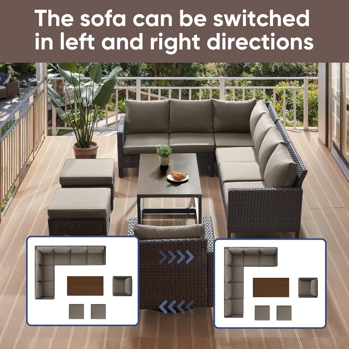 HUMMUH 10 Piece Patio Furniture Set PE Wicker 3 Outdoor Sectional Sofa Set with Patio Chairs Dinning Table Ottomans for Porch,Garden,Backyard,Deck(Brown/Grey)