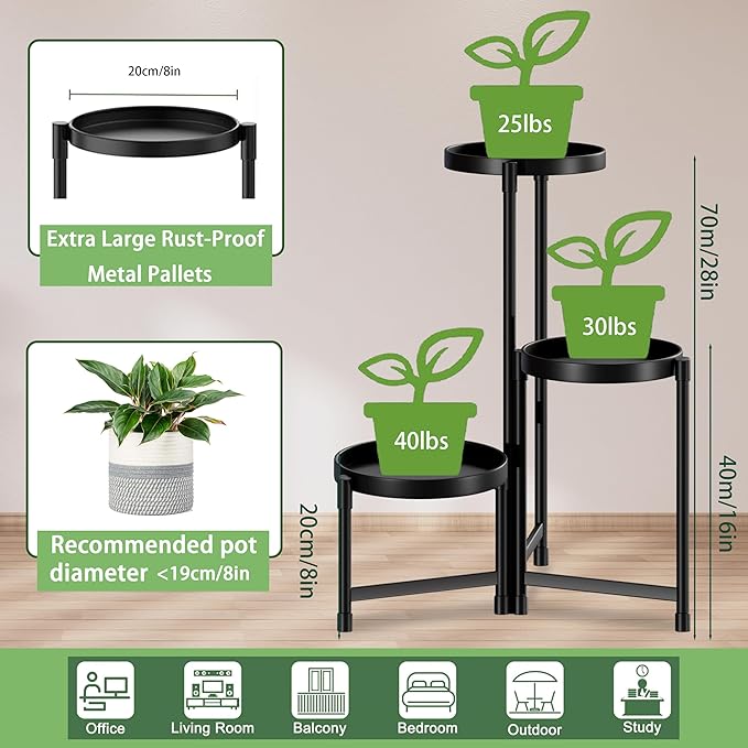 3 Tier Plant Stand Indoor Outdoor,Corner Metal Flower Pot Stands for Multiple Plants,Heavy Duty Plant Shelf for Patio Garden Balcony Living Room Bedroom