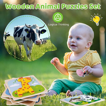 6 Pack Wooden Puzzles for Toddlers 1-3 Years Old - Montessori Toys for 2-Year-Old, Educational Toys with 6 Animal Patterns Puzzles for Boys & Girls Birthday Gift, STEM Educational Learning