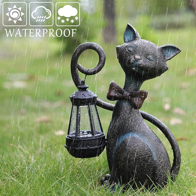 Whimsical Solar Cat Statue Decor with Solar Lantern - Unique Outdoor Spring Garden Decor for Patio, Balcony and Yard Art Lights - Ideal Mothers Day Birthday Gifts for Mom,Grandma,Women and Cat Lovers