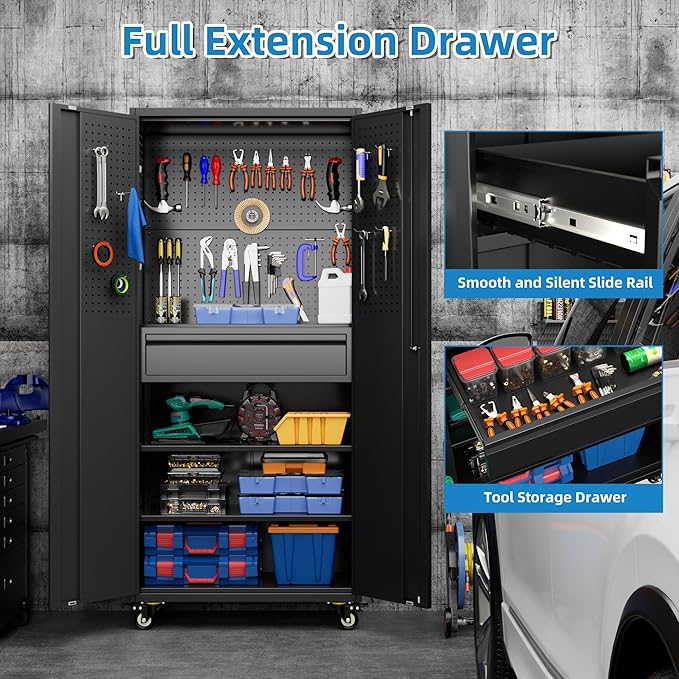 Metal Garage Cabinet with Wheels,71''H Rolling Lockable Steel Tool Cabinet with Pegboard & 1 Drawer for Garage,Home,Office Assembly Required,Black/Red