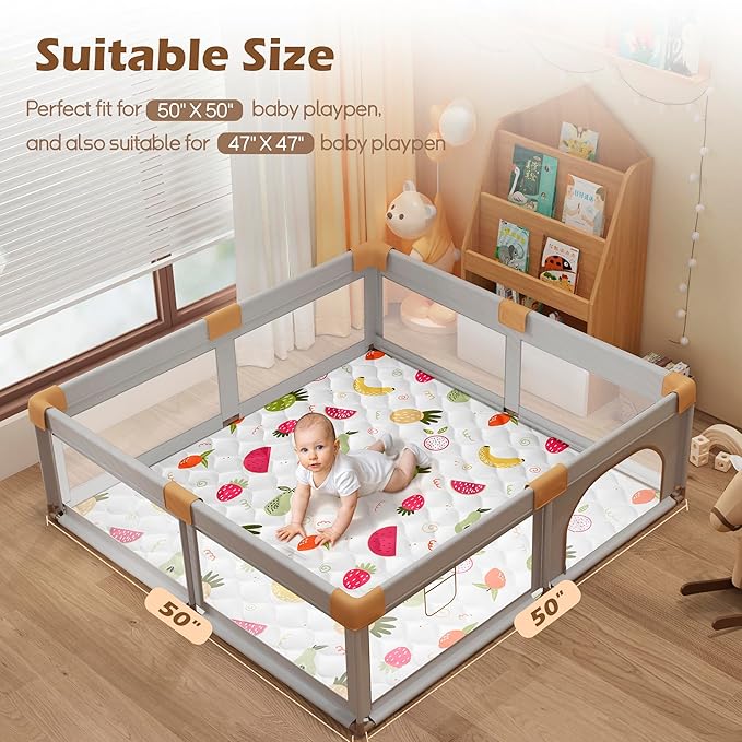 Baby Play Mat for Floor 50x50, Activity Mat, Thicken Soft Fabric Foam Play Mat for Baby, Washable Non-Slip Cushioned Crawling Mat for Babies, Infants, Toddlers（White Fruit